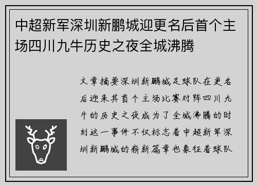 中超新军深圳新鹏城迎更名后首个主场四川九牛历史之夜全城沸腾 中超新军深圳新鹏城迎更名后首个主场四川九牛历史之夜全城沸腾